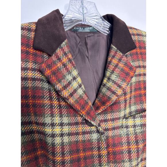Vintage Laura Ashley brown Plaid Wool Blazer suede collar Equestrian Academia 4 - Picture 3 of 14